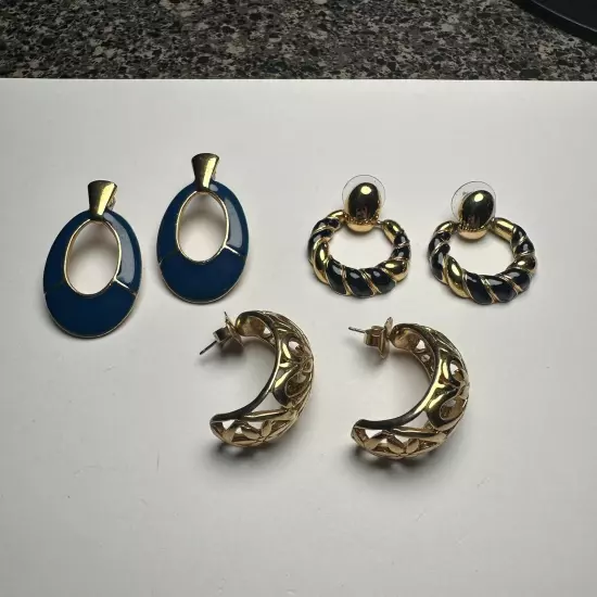 Retro Mix Pierced Earrings Lot Of 3 Gold Tone Women’s 2 Blue Enamel