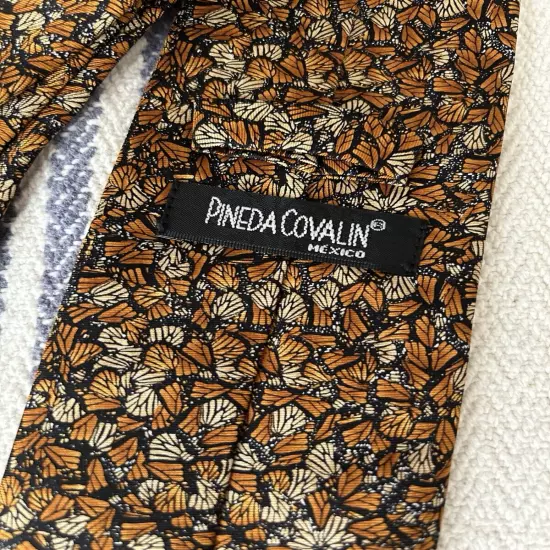 PINEDA COVALIN 100% Silk Necktie Luxury HTF Monarch Butterfly Orange Black