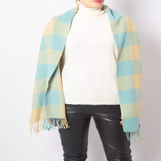 MAX MARA Lambswool Scarf Long Plaid Beige and Light Blue Winter Scarf Soft Scarf