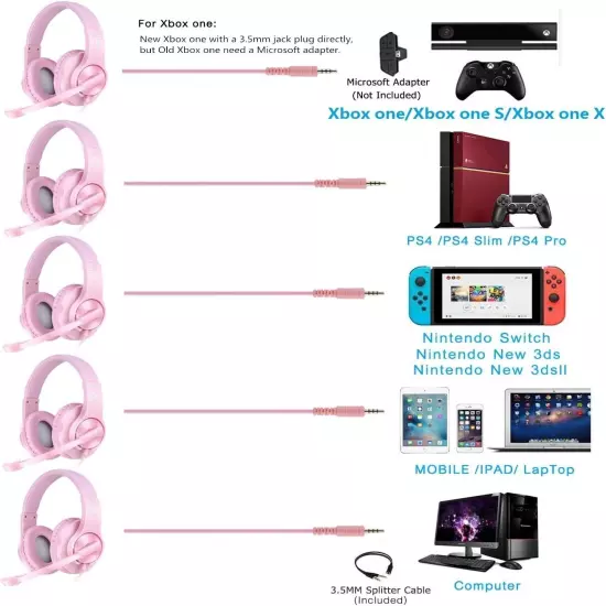 Pink Gaming Headset Headphone Mic For Girls PS4 Nintendo Xbox One Stereo Bass