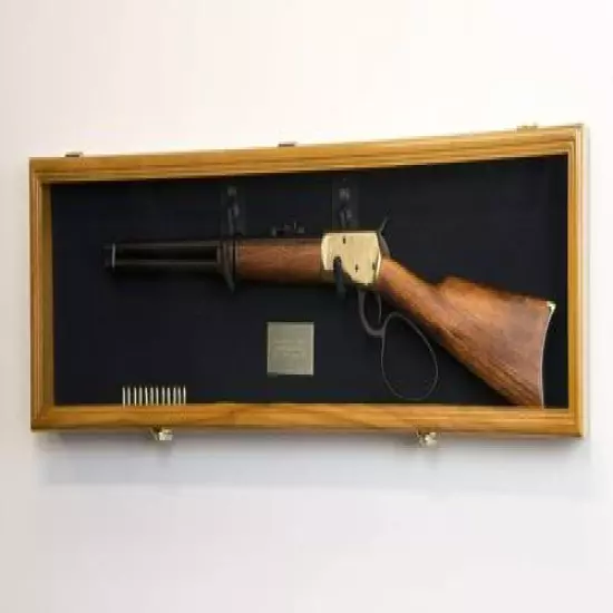 Gun Display Case Cabinet Rifle Oak Black Wood Shotgun Frame USA Shadow Box 44" 