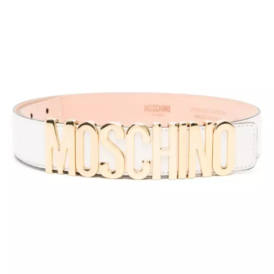 Moschino Gold Logo White Leather Belt Size 58