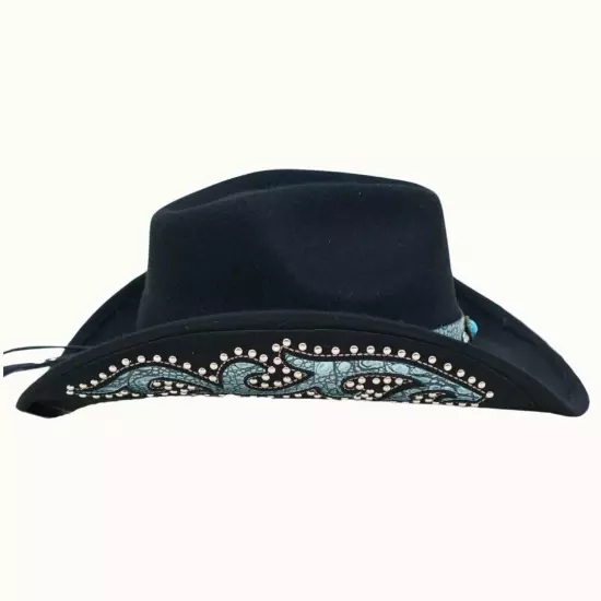 100% Wool Western Cowboy Hat with Turquoise Trim Along Brim *BLACK*