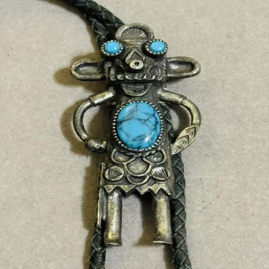 Vintage Southwestern SANCREST pewter bolo tie with faux turquoise leather