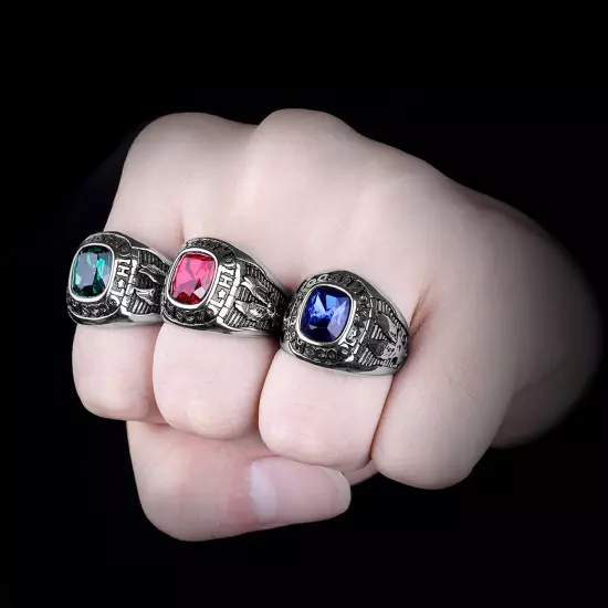 Stainless Steel Men Rings Rhinestone High School Eagle Punk Red Blue Green Stone