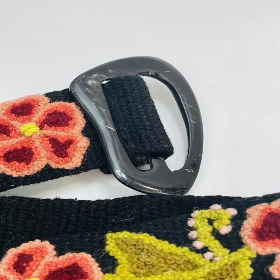 Embroidered Peru Wool BELT Black Floral Boho Hippie HORN BUCKLE Adjustable 44"