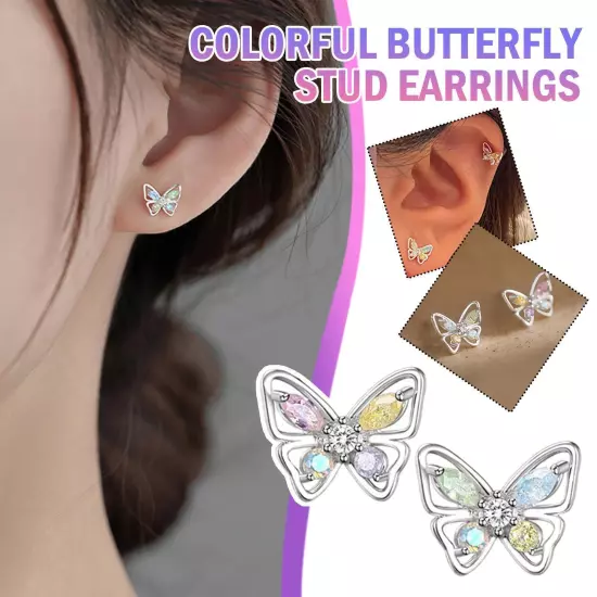 Silver Crystal Colourful Butterfly Stud Earrings Women Jewellerys 2022 Y9Y2