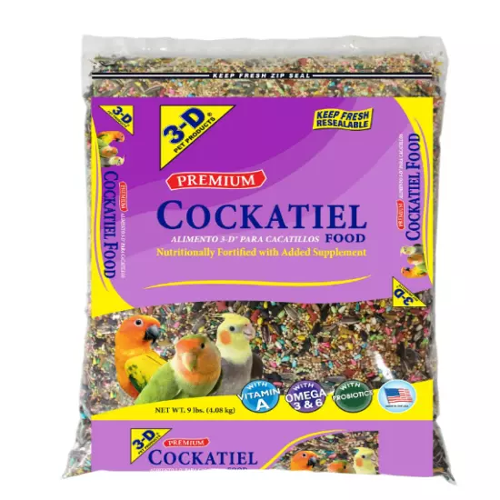 3-D Pet Products Premium Cockatiel Mix Bird Food Seeds with Probiotics 9lb