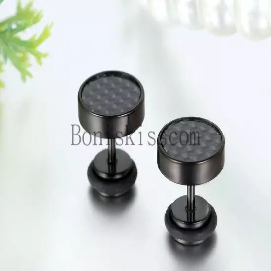 Mens Stud Earrings Stainless Steel Illusion Tunnel Plug Screw Back Carbon Fiber