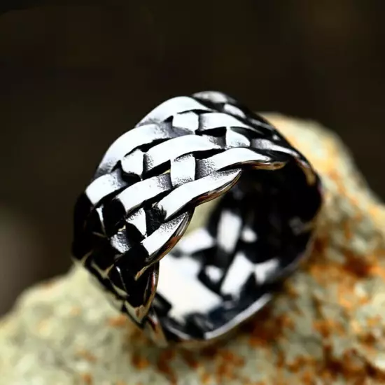 Vintage Tribal Woven Wedding Band Stainless Steel Men's Biker Punk Braid Ring