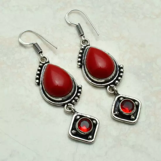 Coral Garnet Handmade Drop Dangle Earrings Jewelry Gift For Her 2.24" AE-52827