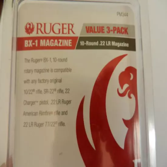 Ruger Factory Magazine Holds 10 Rnds 22LR; BX-1; Fits 10/22; 3 Pack; 90451