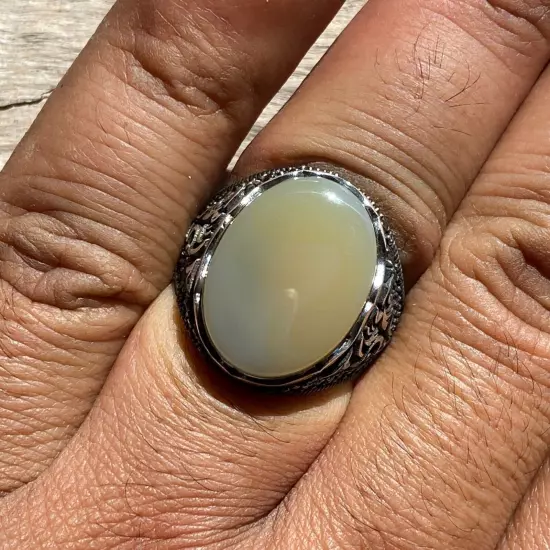 925 Sterling Silver men ring natural strong energy agate aqeeq akik silver ring