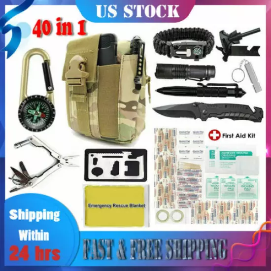 40 in 1 Survival Outdoor Kit Military Tactical Emergency Camping Tools Molle Bag