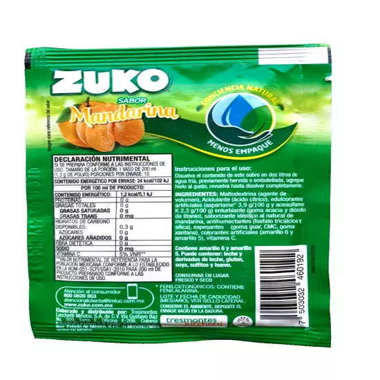 12-Pk ZUKO Mandarina/Tangerine Flavored ZUKO Powder Drink Mix 13g/.45oz