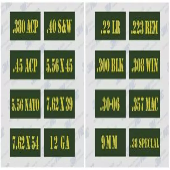 .22 .223 .308 .30 .357 9MM Ammo Can Vinyl Skin Sticker Molon Label Bullet 16 Pcs