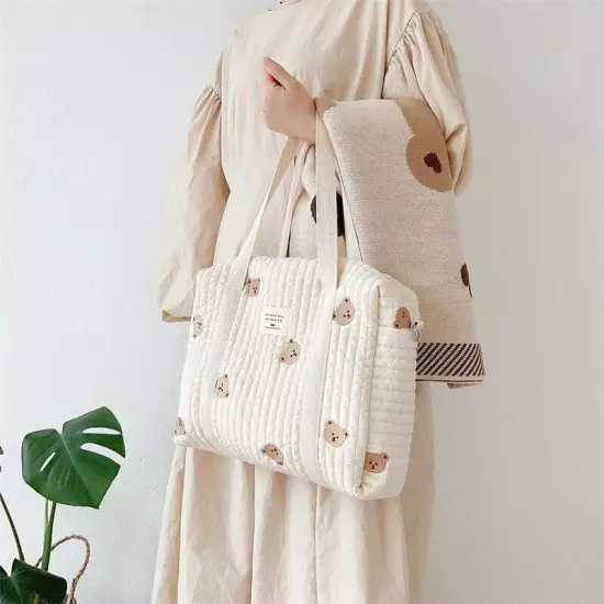 Flower Embroidery Pattern Baby Beige Cotton Fabric Zipper Diaper Handbag Bag