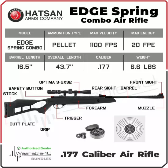 Hatsan Edge Spring Combo Break Barrel .177 Cal Air Rifle w/ Targets and Pellets