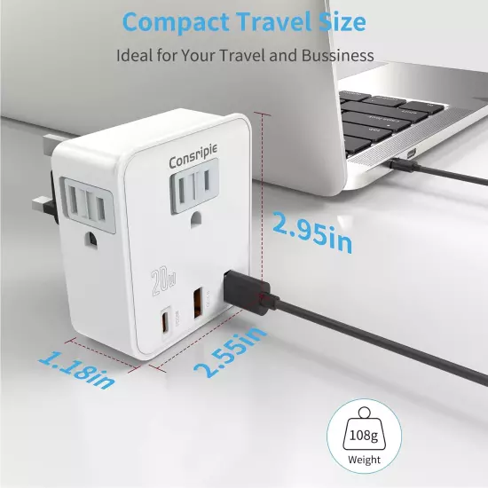 UK Travel Plug Adapter, US to UK Travel Adapter with USB-C, 20W Fast Charging T