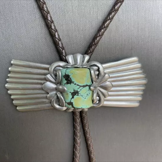 Vintage Turquoise Signed Clara 1982 Native American Bolo Tie Pewter Western Wear