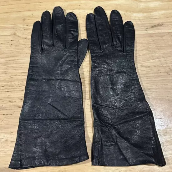 NEIMAN MARCUS Vintage Kid leather Silk Lined Black Gloves Size 6 3/4