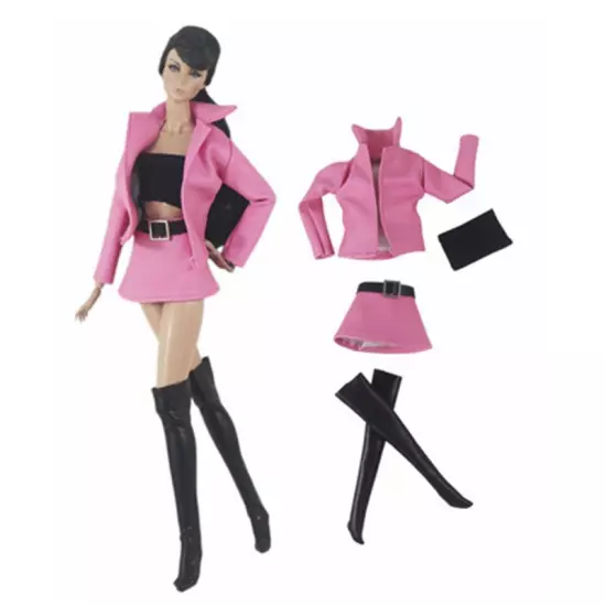 Hot Pink Leather 1/6 Doll Clothes Outfits Coat Jacket Tank Top Boots Skirt 11.5"