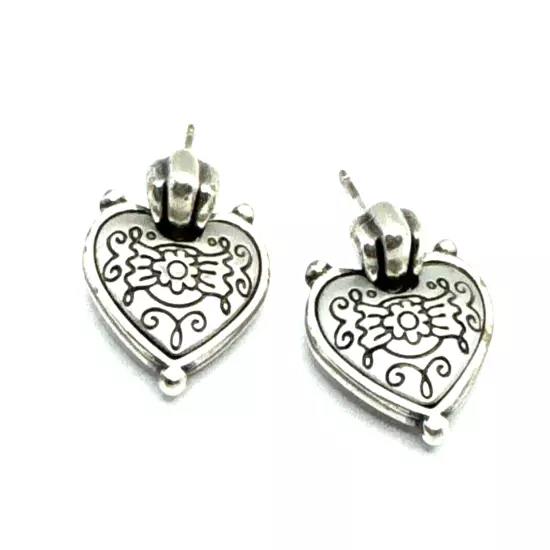 Brighton Flowers Etched Hearts Silver Dangle Retired Post Earrings