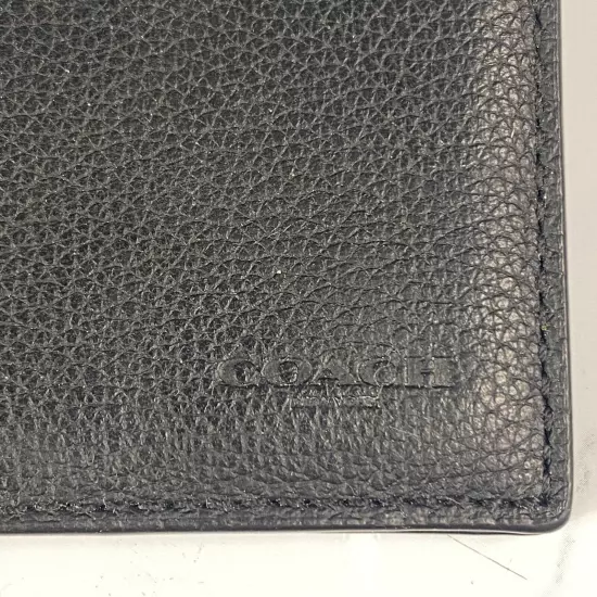 Coach Black Pebbled Leather Compact Bifold Wallet Unisex ID Pocket Credit Cards