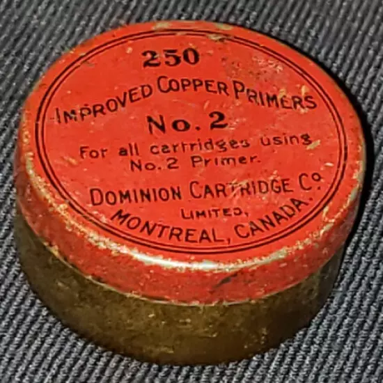 ANTIQUE DOMINION CARTRIDGE CO, MONTREAL - IMPROVED COPPER PRIMERS No.2 EMPTY TIN