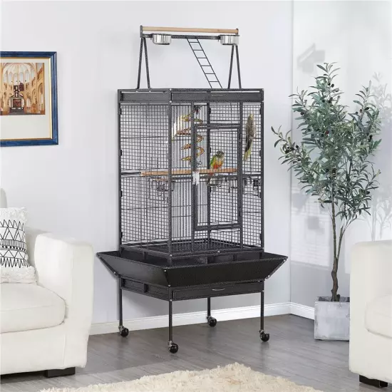 68.5'' Play Top Parrot Cage Metal Rolling Birdcage, Black