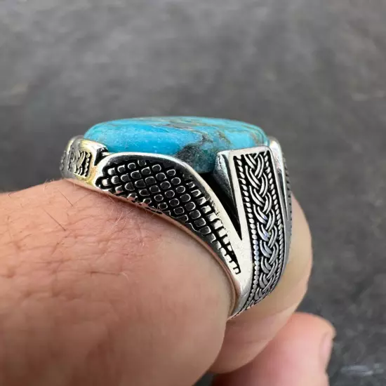 Mens Real Solid 925 Sterling Silver Blue Turquoise Natural Native Gemstone Ring