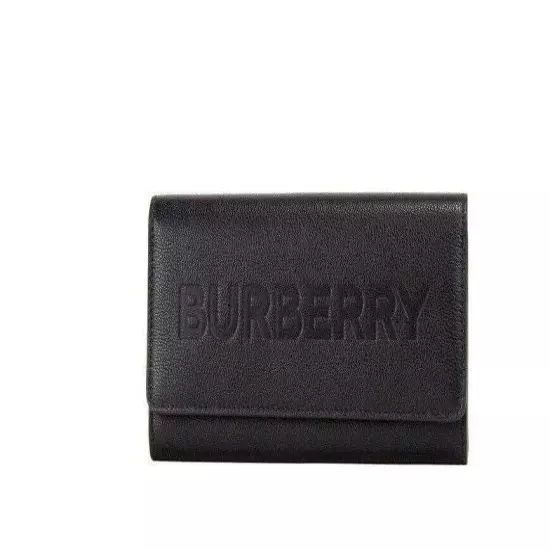 Burberry Women's Porter Black Grained Leather Logo Embossed Clutch Flap Wallet