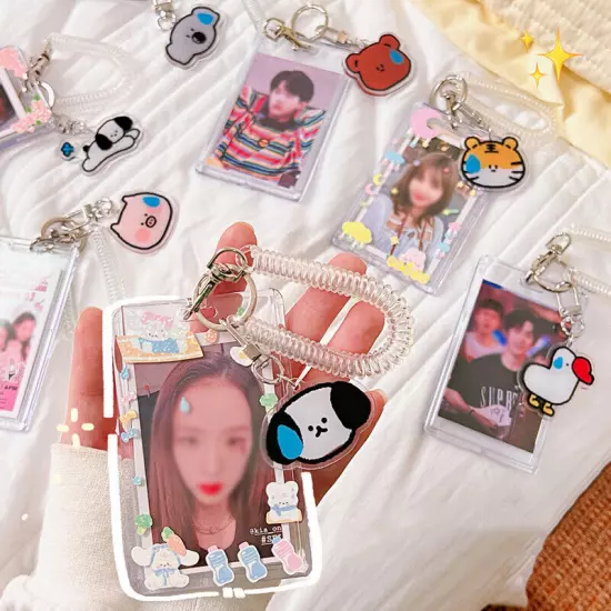 Cute ID Card Holder Bus Photo Case Badge Retractable Spring Lanyard w/ Keychain☆