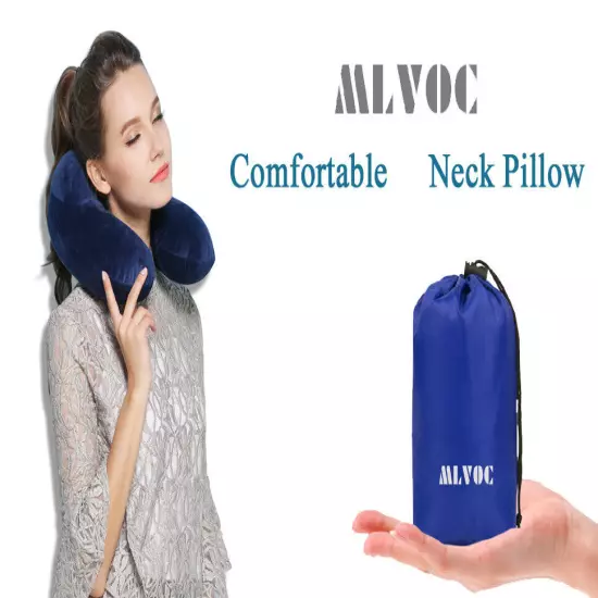 MLVOC Inflatable Travel Pillow with Ear Plugs, Eye Mask & Drawstring Bag | Grey