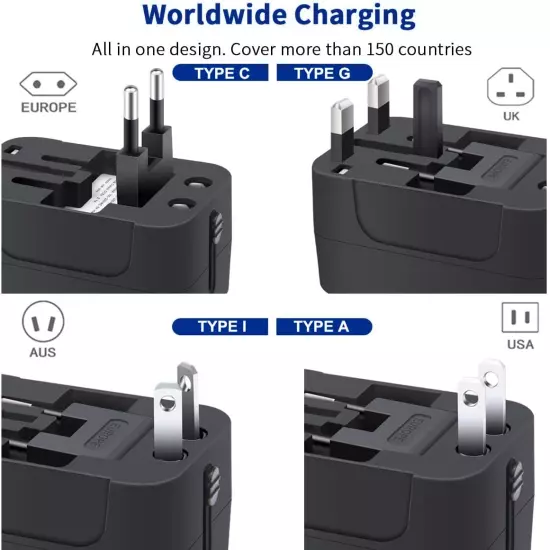 Universal Travel Adapter, International Plug Adapter with 2 USB Ports (1 USB C),