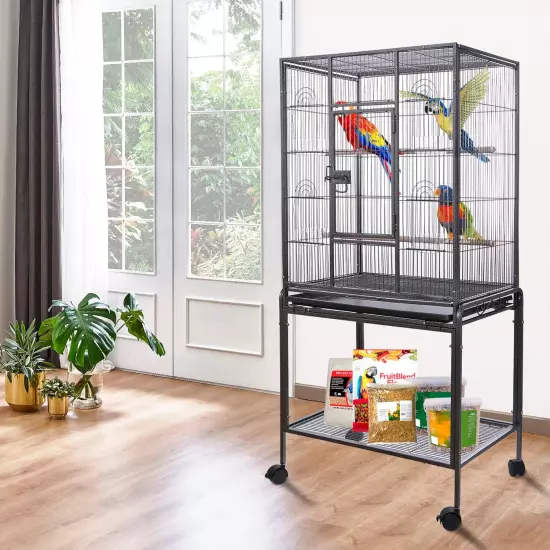 53" Wrought Iron Large Bird Flight Cage Rolling Stand African Grey Parrot Conure