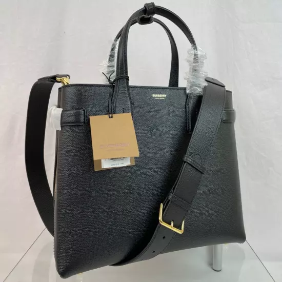 $1790 BURBERRY MD BANNER BLACK LEATHER CHECK CANVAS SHOULDER MEDIUM TOTE BAG