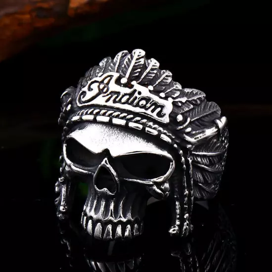 Chief Skull Indian Feather Skull Ring Stainless Steel Men's Biker Ring Size 8-13