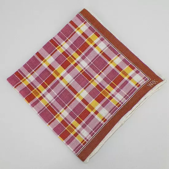 WRK Mens Pink Brown Rose Burnt Orange PLAID Linen Pocket Square NWT