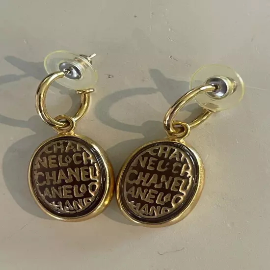 Chanel Oval Swing Pierced Earrings Clear Brown Gold 99A Vintage 1999 With Box