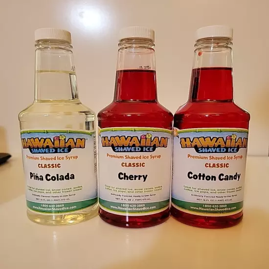 Hawaiian Shaved Ice Syrup Cherry Piña Colada Cotton Candy 16 Oz. 3 Ct. Bottles