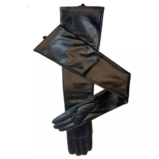 Women super Long Real Sheep Leather Shoulder length Gloves Black