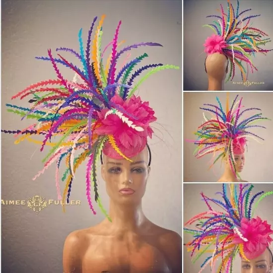 Aimee Fuller Kentucky Derby Fascinator Big Hat Rainbow Yellow Red Royal Ascot