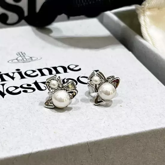 1Pair Vivienne Westwood Mini Pearl Saturn Orb Earrings Ear Stud w/ Packaging Box