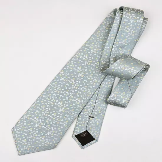 CELINE TIE Floral & Logo on Light Blue Woven Silk Necktie