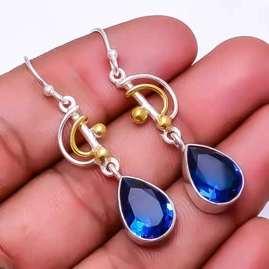 Blue Topaz 925 Sterling Silver Two Tone Earring 1.95" E_9322_106_53