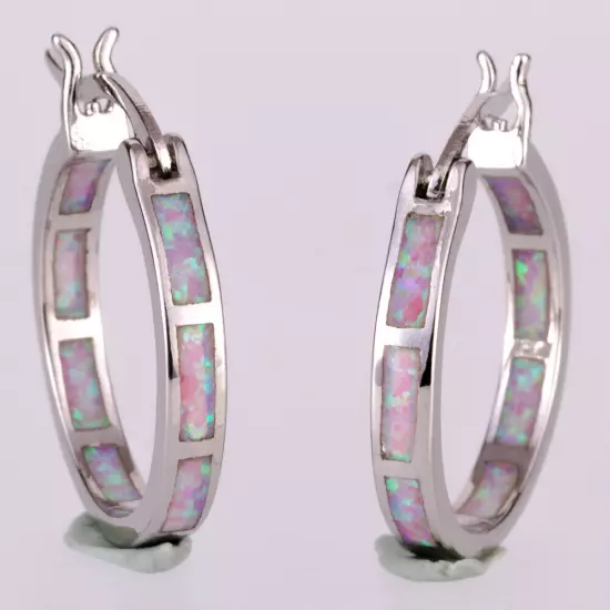 Light Pink Fire Opal Silver Jewelry Women Snap Closure Hoop Earrings