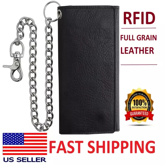 100% premium leather Trifold Cowhide RFID Chain Motorcycle Biker Wallet, Black.