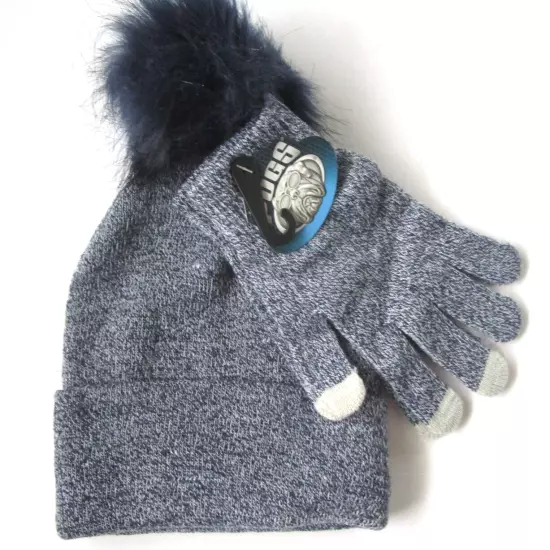 Pugs Knit Hat Glove Set Cuffed Beanie Pom NAVY One Size NWT