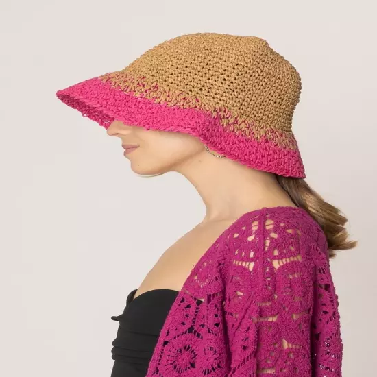 DIONA J TWO TONE STRAW BUCKET HAT ONE SIZE COLOR FUCHSIA